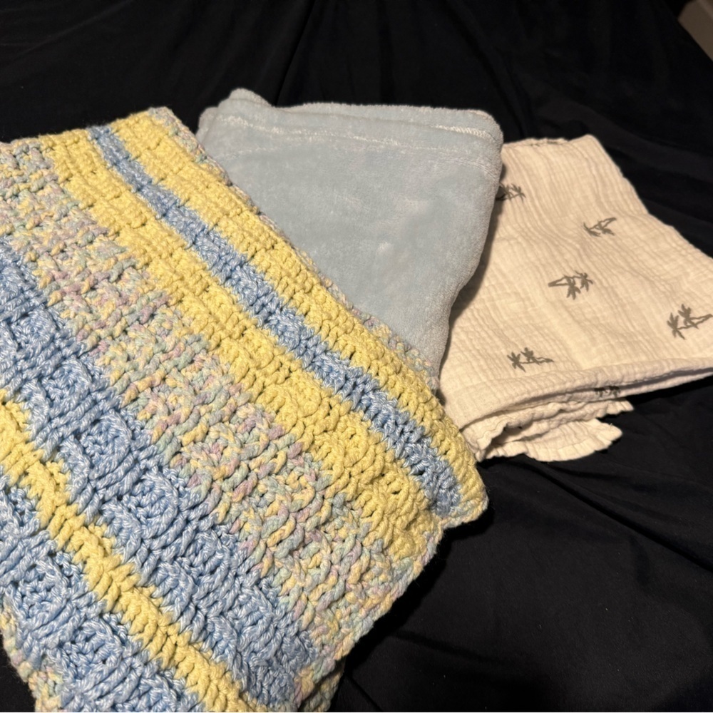 Set of 3 baby/toddler blankets. Cozy, super cute, functional.